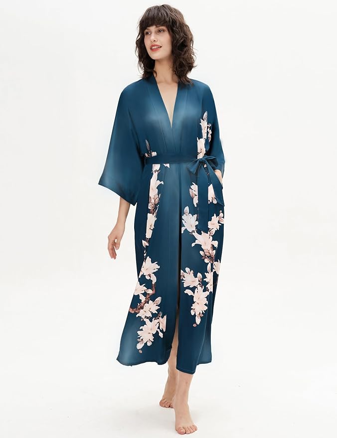 BABEYOND Kimono Robe Cover up with Box Long Floral Satin Sleepwear Silky Bathrobe Bachelorette Robe