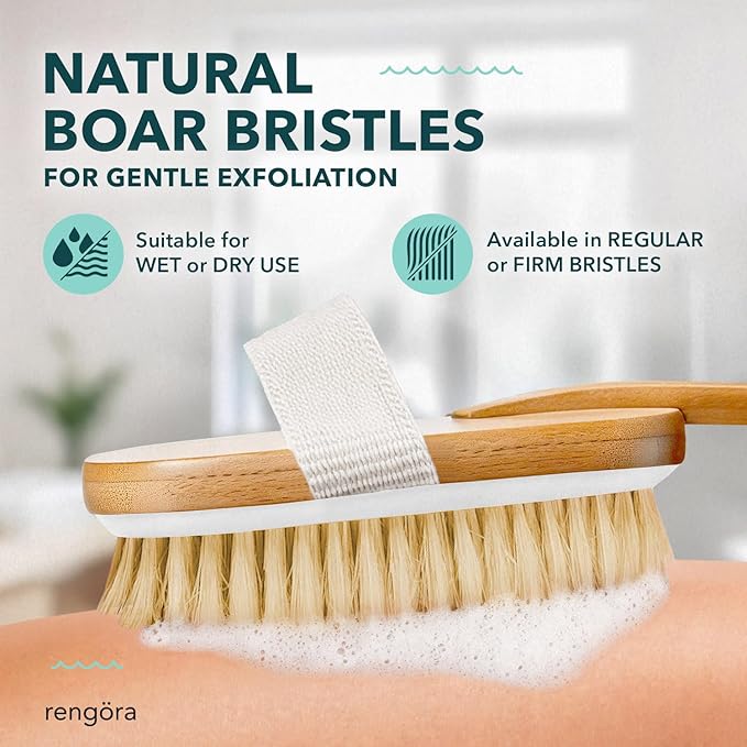 Back Scrubber for Shower - 20" Long Handle Shower Brush - Natural Bristle Back Brush - Ergonomic Handle + Silicone Anti-Slip Grip - Great Gift Idea - Men, Women + Elderly Love This (Regular Bristles)