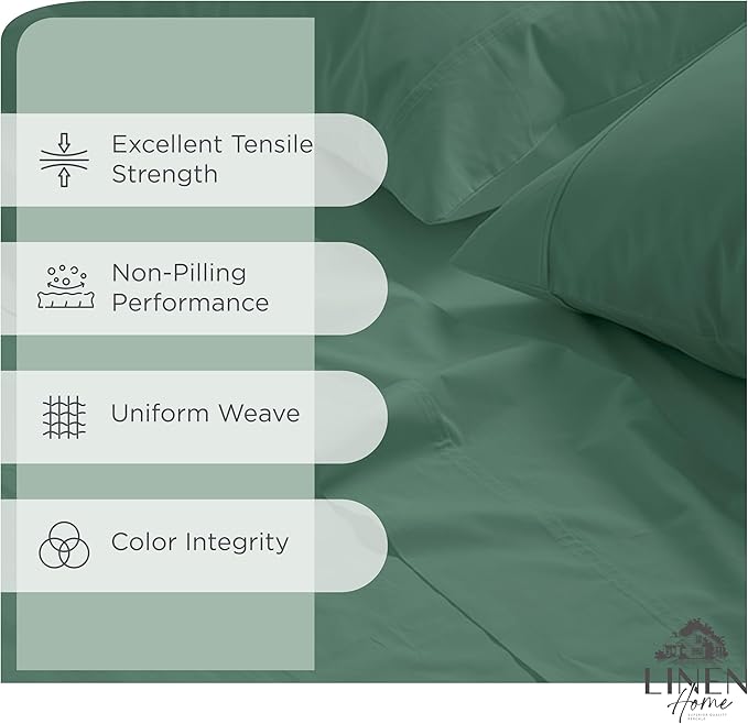 Linen Home 100% Cotton Percale Sheets Twin Size, Frosty Green, Deep Pocket, 3 Pieces Set - 1 Flat, 1 Deep Pocket Fitted Sheet and 1 Pillowcase, Crisp Cool and Strong Bed Linen