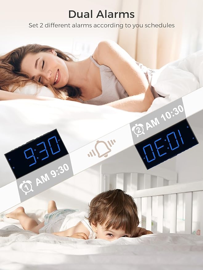 Digital Dual Alarm Clocks for Bedrooms, Large Big Numbers Display Electric Alarm Clock with Battery Backup, USB Port, Adjustable Alarm Volume, Dimmer, Easy to Set LED Desk Clock with Adapter Powered