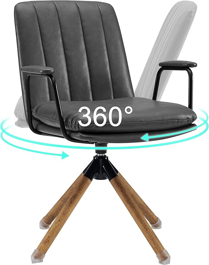 Art Leon Mid Century Modern Chair, Oak Legs Swivel Accent Chair No Wheels, Faux Leather Armchair for Small Spaces Home Office Living Room Bedroom, Gray