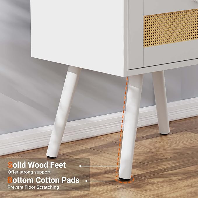 SUPERJARE Nightstands with Charging Station, Bedside Table Set of 2 with PE Rattan Drawers, Rattan Side Table with Storage & Solid Wood Feet, End Table for Bedroom, White