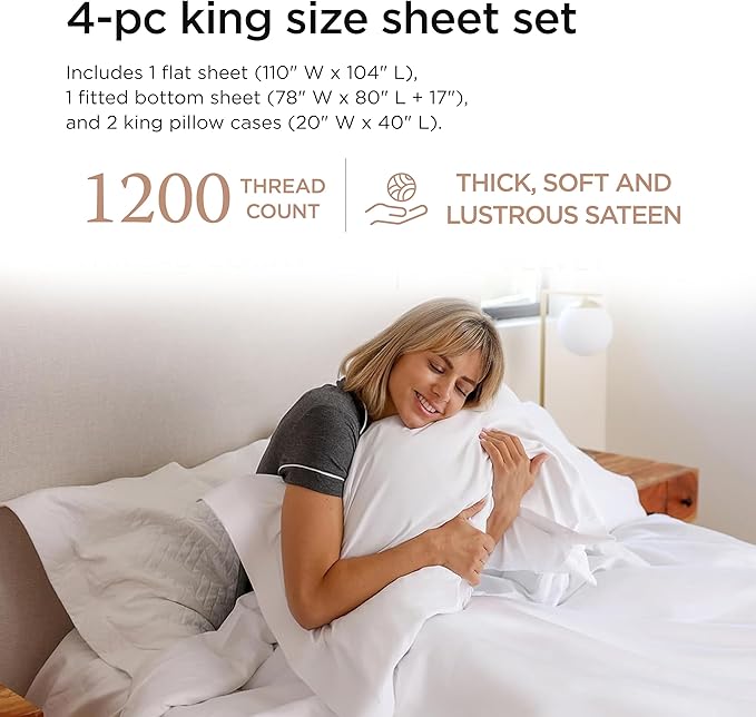 Threadmill 100% American Certified Supima Cotton Sheets King Size - 1200 Thread Count, 4Pc King Size Sheets Set, Smooth Sateen, Ultra Luxury Bed Sheets, 17" Deep Pocket King Sheet Set - White Sheets
