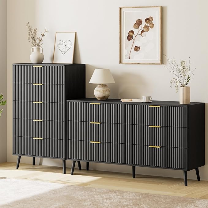 LYNSOM Fluted 5 Drawers Dresser, 45" Tall Modern Chest of Drawers with Curved Profile Design and Metal Handle, Wood Drawer Organizer for Bedroom, Living Room, Hallway, Entryway, Black
