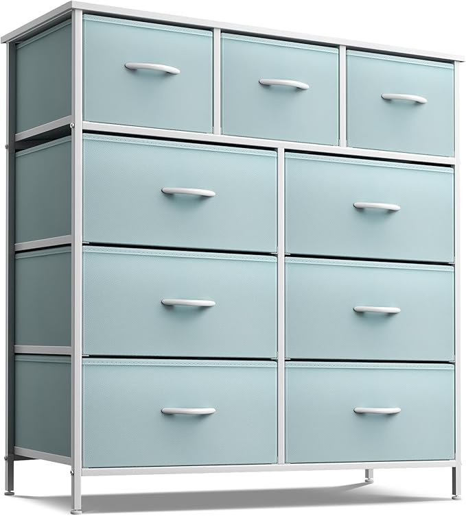 Sorbus Kids Dresser with 9 Drawers - Furniture Storage Chest Tower Unit for Bedroom, Hallway, Closet, Office Organization - Steel Frame, Wood Top, Fabric Bins (Aqua, Solid)