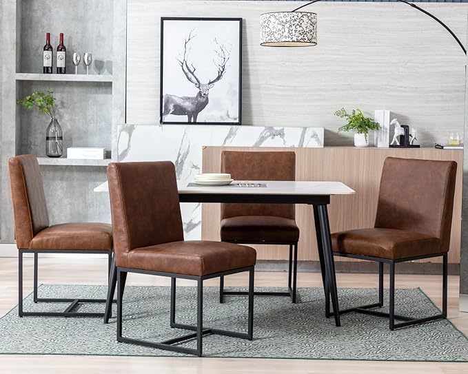 CIMOTA Modern Dining Chairs Set of 8, Leather Dining Room Chairs Upholstered Mid Century Armless Guest Side Chair with Black Base for Dining Room/Kitchen, Vintage Brown 8PCS