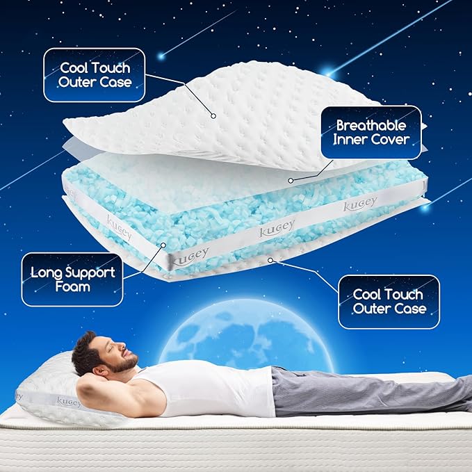 Luxury Cooling Side Sleeper Pillow for Neck and Shoulder Pain, Medium Firm Bed Pillows Queen Size Set of 1 Luxury Shredded Memory Foam for Sleeping Adjustable Washable Cover Crescent White