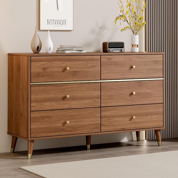 6 Drawer Dresser,47" Wide Mid Century Chest of Drawers,Wooden Bedroom Drawer Dresser with 6 Storage Drawers for Bedroom,Living Room,with Anti-Tipping Device,Walnut.HT
