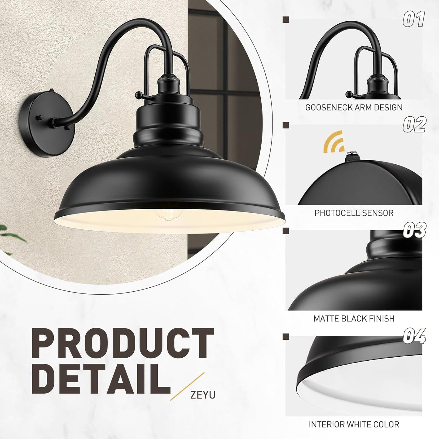 zeyu 2 Pack Dusk to Dawn Outdoor Wall Sconce, Gooseneck Barn Light Fixtures for Front Porch, Exterior Wall Mount Light in Matte Black Finish, 016-1BL-PC-2 BK