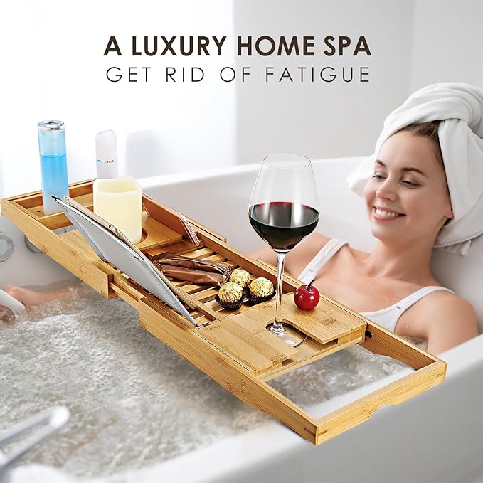 Premium Bamboo Bathtub Tray Caddy, Bath Tub Trays Table for Bathtub, Expandable Bath Caddy Tray, Bathtub & Bathroom Accessories for New Home, Anniversary and Wedding Gifts for Couple