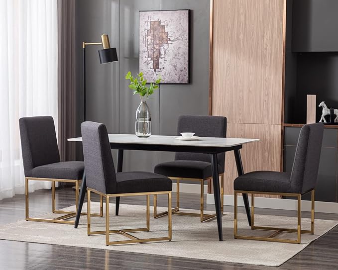 CIMOTA Black Modern Dining Chairs Set of 6, Upholstered Dining Room Chairs Armless Guest Side Chair with Gold Base for Dining Room/Kitchen, Charcoal Black, 6PCS