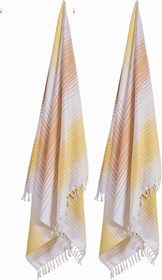Native Fab 100% Cotton Peshtemal Turkish Bath and Beach Towels Set of 2, Large 40x71 Travel Sarong Gym Pool Spa Towels, Ultra Soft Quick Dry Absorbent Fouta Hammam Peshtemal Towels Yellow