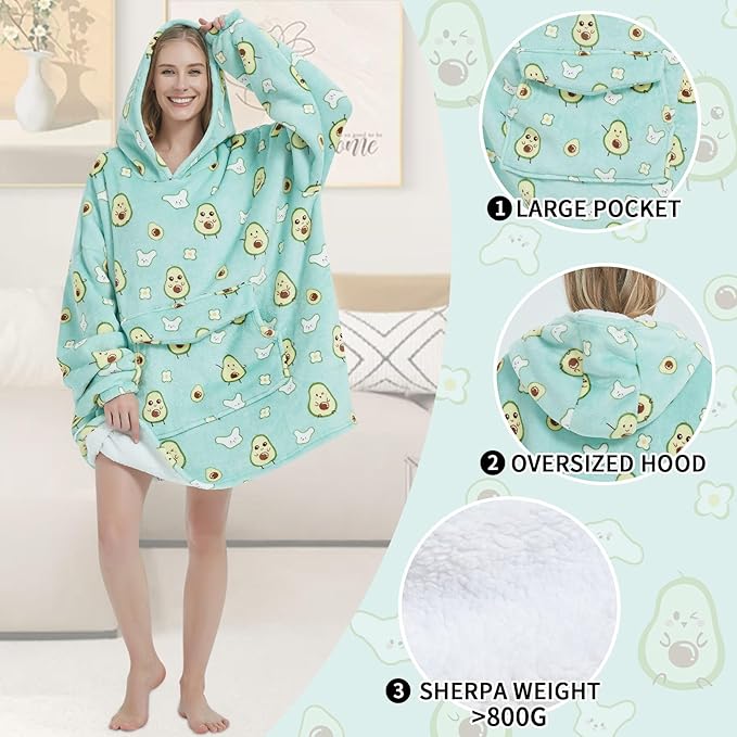 Wearable Blanket Hoodie for Adult,Oversized Sherpa Fleece Blanket Hoodie for Women Men,Cute Avocado