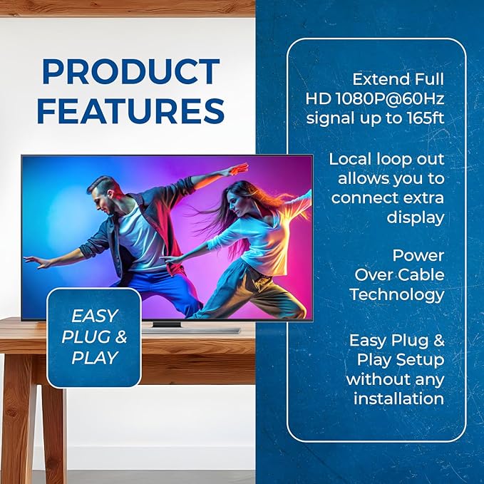 OREI 1x4 HDMI Extender Splitter Multiple Over Single Cable CAT6/7 1080P with IR Remote EDID Management - Up to 165 Ft - Loop Out - Low Latency - Full Support