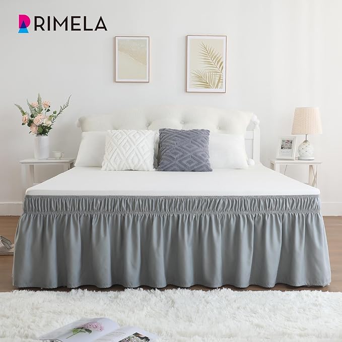 RIMELA Grey Queen Bed Skirt 18 Inch Drop,Elastic Bed Skirts Queen Size Dust Ruffle, Light Gray Bedskirt for Adjustable Bed Base Solid Wrinkle and Fade Resistant Silky Luxurious Fabric Machine Washable