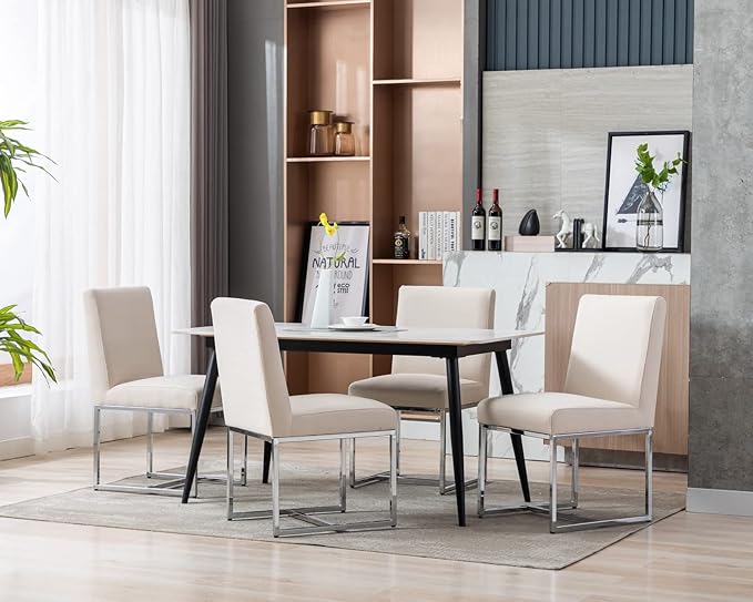 CIMOTA Modern Dining Chairs Set of 6, Upholstered Dining Room Chairs Armless Guest Side Chair with Chrome Base for Dining Room/Kitchen, Beige, 6PCS