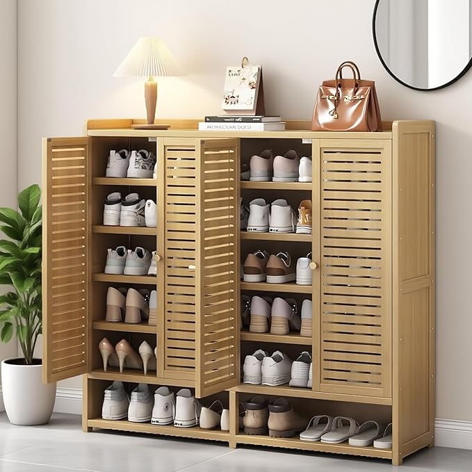Bamboo Shoe Cabinet, 36-40 Pairs 7 Tier Shoe Rack with Doors, Freestangding Shoe Cabinet Organizer with Shelves, 43" Tall Shoe Rack Organizer for Entryway, Closet, Hallway