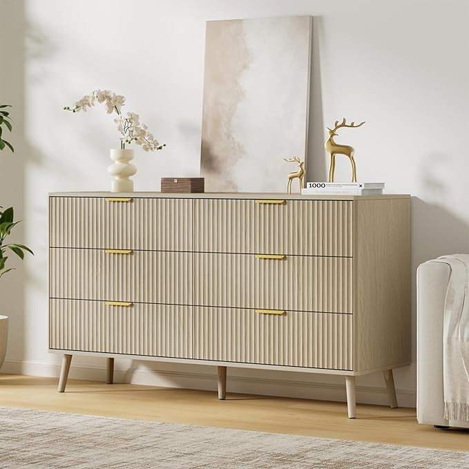 LYNSOM Fluted Dresser and Nightstand Sets 3 Piece, 6-Drawers Dresser and 1-Drawer Nightstands Set of 2, Wood Bedroom Furniture Set for Home, Bedroom, Hallway, Beige