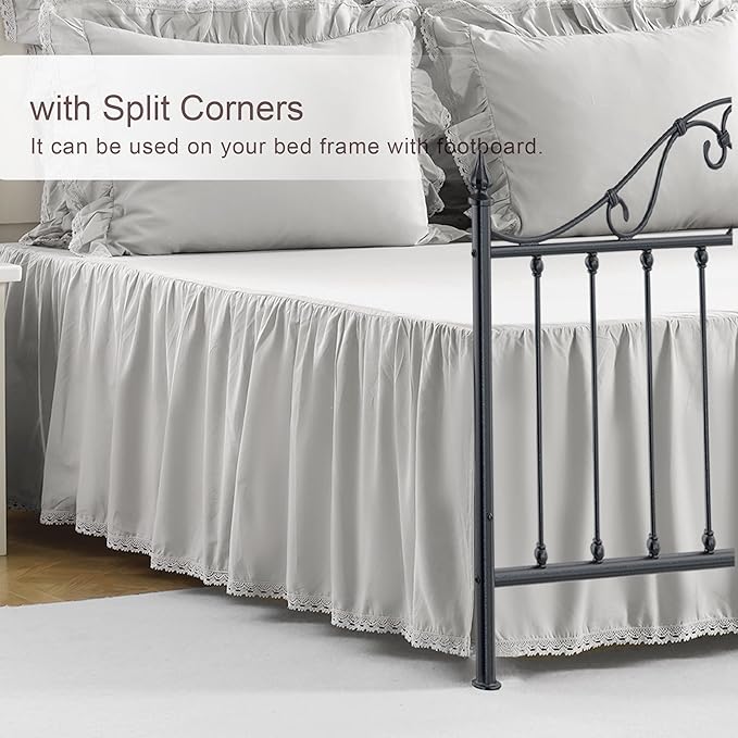 Queen Size 18 inch Drop Light Grey Dust Ruffle, Crochet Edge Lace, Lightweight 100% Cotton, French Coutry Style Ruffled Bed Skirt with Split Corners