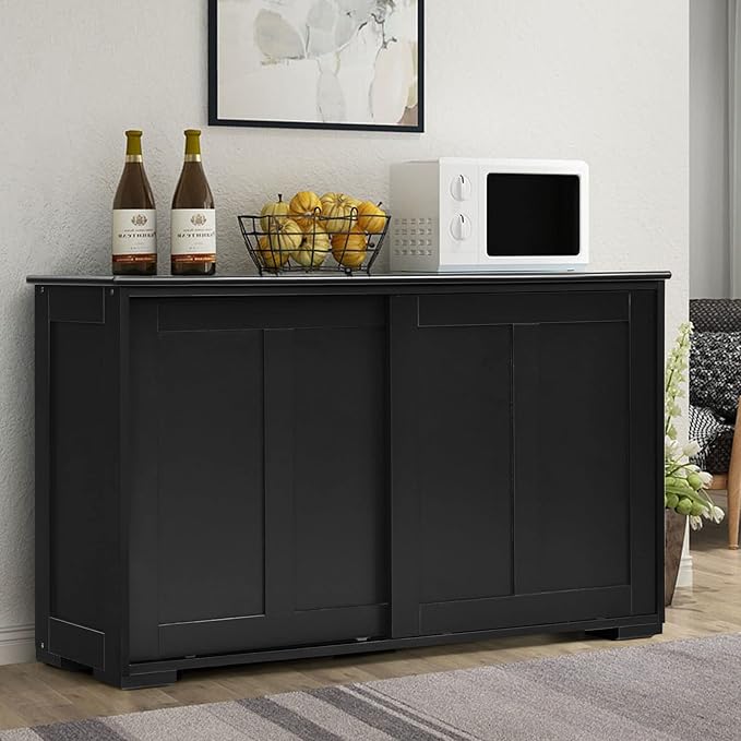 Costzon Sideboard Buffet Cabinet, Wooden Kitchen Storage Cabinet with Adjustable Shelf, Sliding Barn Door, Accent Coffee Bar Cabinet Console Table for Living Room, Dining Room, Hallway (Black)