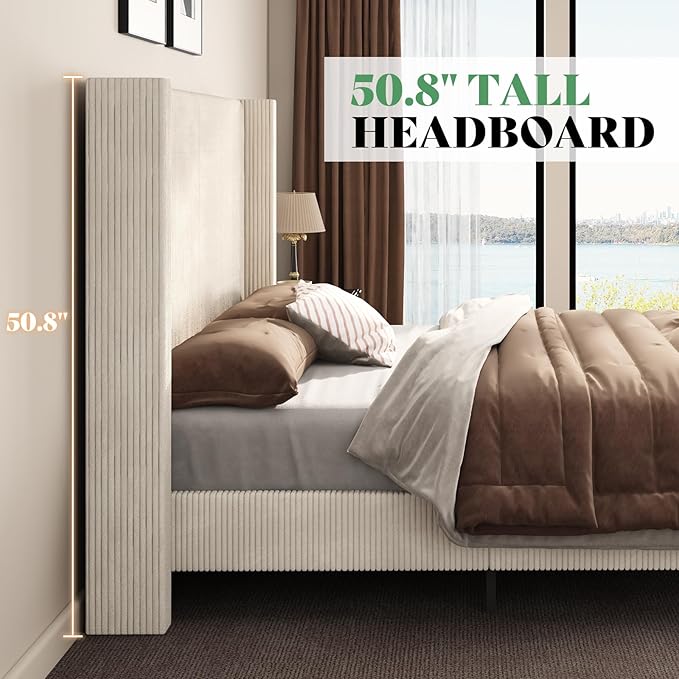 AMERLIFE Queen Size Upholstered Bed Frame with 50.8" Tall Headboard, Wingback Platform Bed with Solid Wood Legs, Wooden Slats, Corduroy/No Box Spring Needed/Noise Free/Cream