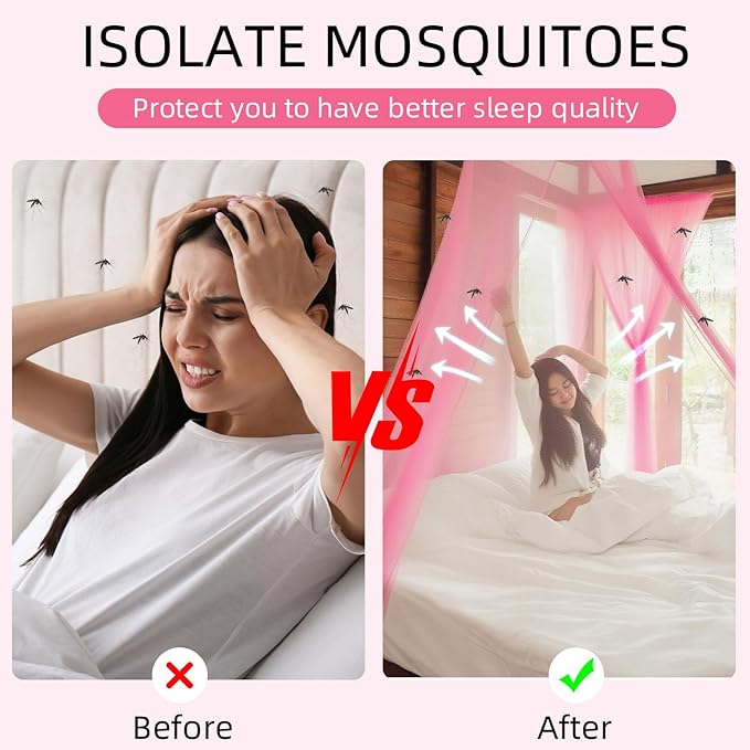 4 Corners Mosquito Net for Mosquiteros para Camas Bed Canopies Netting Bed Drapes Rectangular Mosquito Mesh for Camping Home Outdoor Travel(Pink,L75 X W59 X H67 Inch,1 Opening)