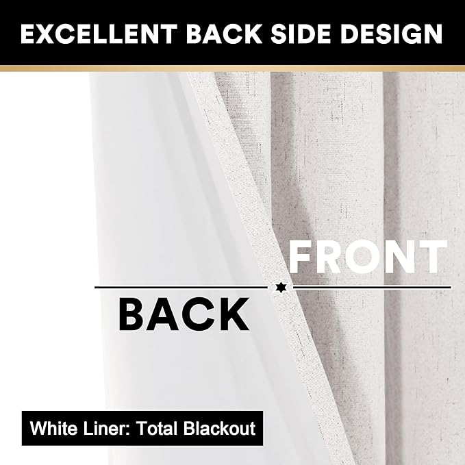 PrinceDeco Blackout Linen Curtains 64 Inch Curtains for Kids Room, Room Darkening Drapes for Bedroom,100% Black Out Textured Thermal Drapes Privacy Protection 2 Panels Set,Ivory, W42 x L64