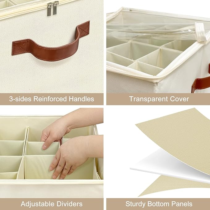 Shoe Organizer for Closet, Foldable Shoe Storage Box with Clear Top Lid, 3 Leather Handles, Adjustable Dividers, Fits 8-16 Pairs, Stackable Shoe Bin for Bedroom (Beige, 2 PCS/16.9*11.8*1.57 inch)
