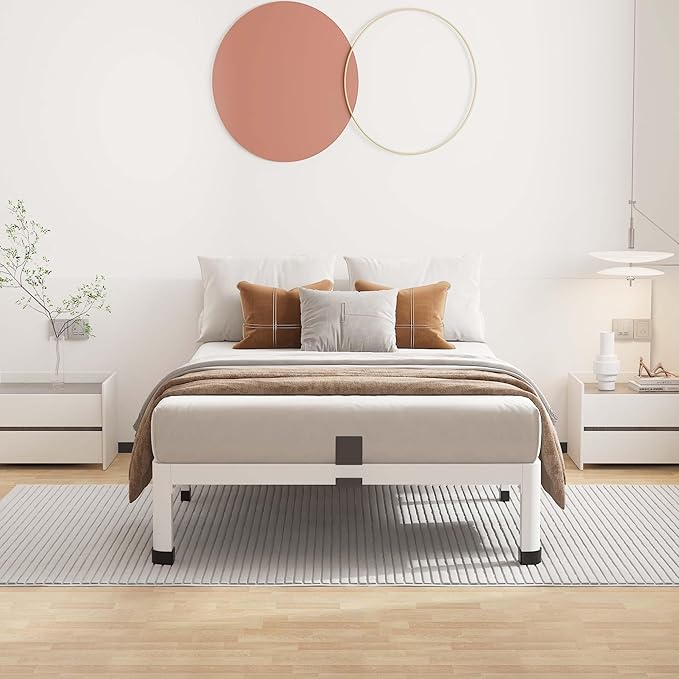 ROIL 10 Inch White Twin Bed Frame with Rounded Corner and Mattress Retainers, 3500LBS Heavy Duty Steel Slats No Box Spring Needed Platform Noise-Free Easy Assembly