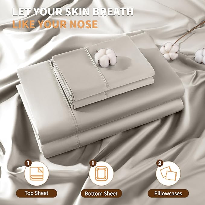 LBRO2M 100% Cotton Sheets Set Deep Pocket 19", 1000 Thread Count Full Size 4 Piece Bed Sheet Sets Soft Comfortable Bedding All Season (Full, Taupe)
