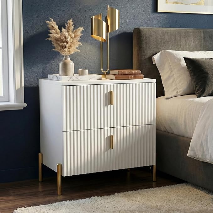 Luxury Fluted Night Stand, Nightstand with 2 Drawers, Modern Bedside Table with Golden Legs and Handles, End Tables for Living Room Bedroom, White