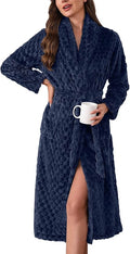 Ekouaer Women's Robe Long Plush Soft Bathrobe Jacquard Color Block Robes Shawl Collar Sleepwear with Pockets S-XXL