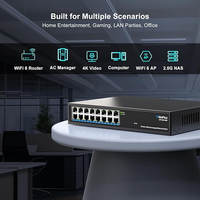 16 Ports 2.5Gb Unmanaged Ethernet Switch, 16*2.5G Base-T Ports. GiGaPlus 2.5Gbps Network Switch for 2.5Gbps NAS/PC, Wireless AP, WiFi6 Router. Plug and Play, Fanless Design.