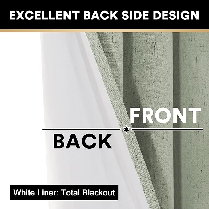 PrinceDeco Linen Blackout Curtains 108 Inches Long 100% Blackout Curtains for Sliding Glass Doors Extra Wide Patio Door Curtains for Sliding Glass Door,W100 X L108 Inch,Sage