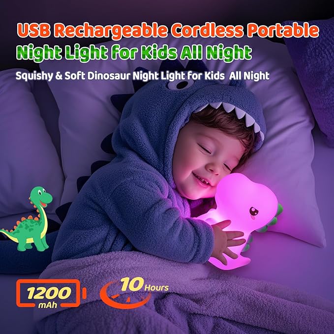 One Fire Dinosaurs Night-Lights 16 Colors+Remote LED Squishy Cute Lamp, Silicone Dimmable Nursery Night Light for Bedroom, Cute Light Up Dinosaur, Rechargeable Kawaii Lamp for Baby Nursery Boys Gifts