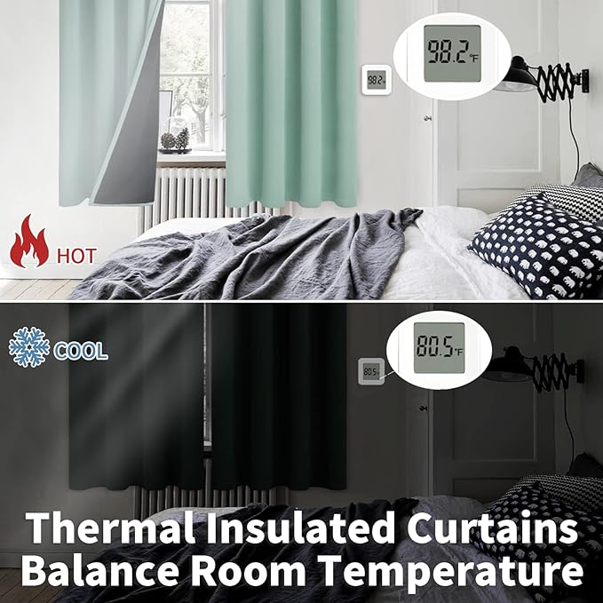 BGment Thermal Insulated 100% Blackout Curtains for Bedroom with Black Liner, Double Layer Full Room Darkening Noise Reducing Grommet Curtain (52 x 72 Inch, Frosty Green, 2 Panels)