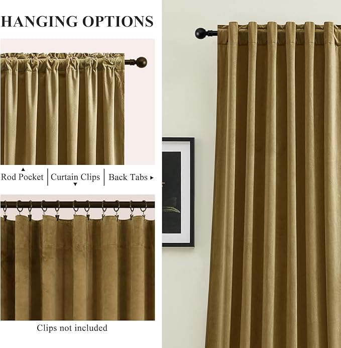 AUSSPVOCT Velvet Curtains 90 Inches Long 2 Panels for Bedroom, Thermal Insulated Room Darkening Luxury Soft Blackout Curtain Back Tab Rod Pocket Window Drapes for Living Room, W52 x L90, Goldbrown