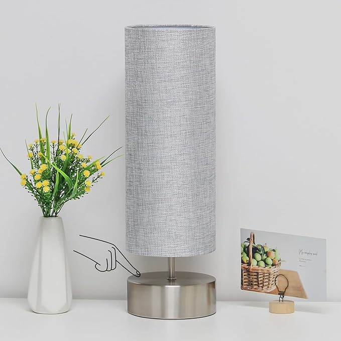 Bedside Touch Lamp, 3 way Touch Control Table Lamp with Silver Base, Modern Gray Nightstand Lamp with Cylinder Shade, Simple Dimmable Night Light for Bedroom Living Room Kitchen, LED Bulb Included
