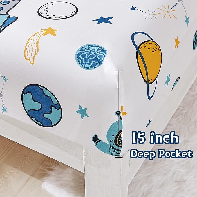 JSD Blue Astronaut Kids Sheet Set Twin Size, 3 Piece Space Rocket Printed Microfiber Bed Sheets Deep Pocket