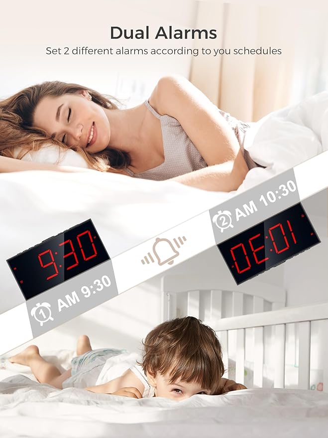 PPLEE Alarm Clock for Bedroom, Large Number Digital Clock with Dimmer for Living Room, Dual Alarms Easy to Read clock for Seniors, Electric Bedside Desk Clock with USB Charger, Digital Red LED Display