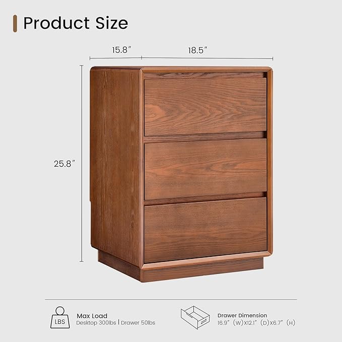 Solid Wood Nightstand, Natural Wood Night Stand with 3 Drawers, Mid Century Modern Nightstand with Storage, Bedside Table for Bedroom, Office, Brown
