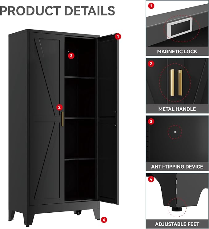 Farmhouse Pantry Cabinet with Barn Doors,61" H x 27.5" W,Metal Cabinet with Adjustable Shelves,4-Tier Storage Cabinet for Kitchen Dining Room Garage Office,Black
