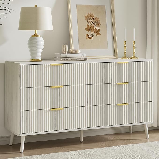 LYNSOM 55" Wide Fluted Dresser for Bedroom with 6 Drawer, Modern Chest of Drawers with Curved Profile Design and Metal Handles, Wood Dresser TV Stand & Storage Organizer for Living Room, White