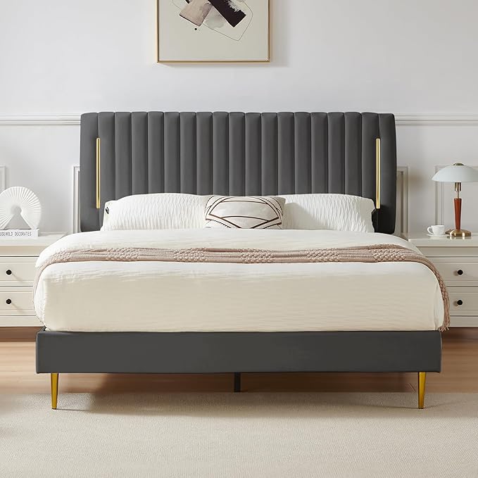 Full Platform Bed Frame, Velvet Upholstered Bedframe with Vertical Channel Adjustable Headboard, Golden Plating Trim, Mattress Foundation with Wooden Slats, No Box Spring Needed, Grey