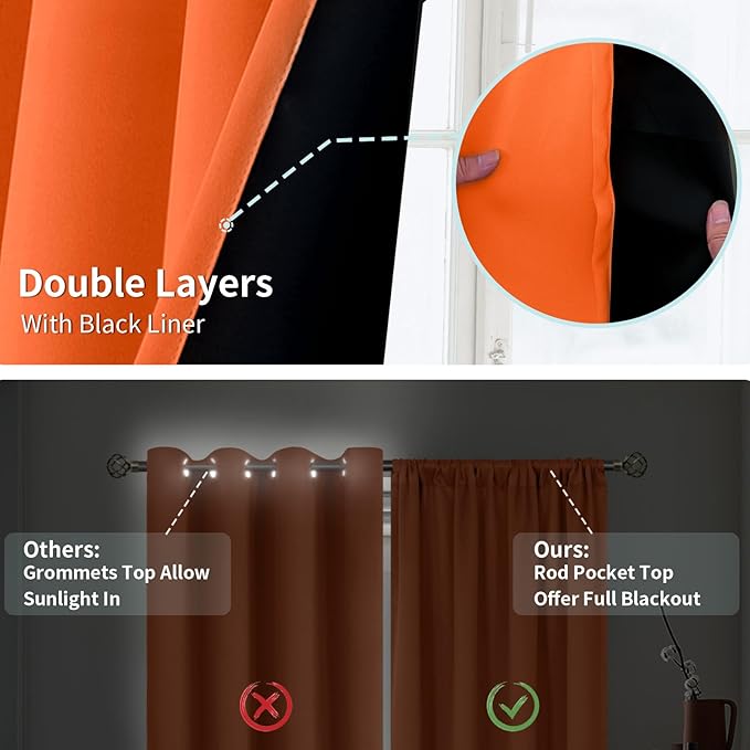 BGment Burnt Orange 100% Blackout Curtains for Bedroom, Fall Full Room Darkening Noise Reducing Living Room Curtains 63 Inch Length, Thermal Insulated Rod Pocket Window Drapes 2 Panels, 52 Inch Wide