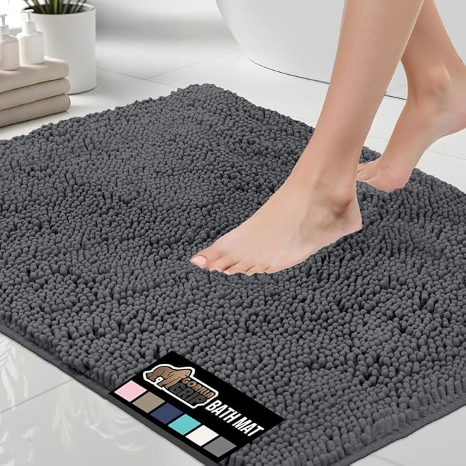 GORILLA GRIP Bath Rug Mat 36x24, Soft Absorbent Chenille, Quick Dry Microfiber Mats, Rubber Backing Washable Shower Floor Rugs, Bathmat Runner, US Designed Bathroom Home Decor Accessories Charcoal