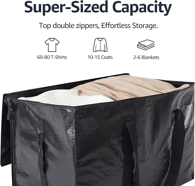 Moving Bags Heavy Duty Extra Large, Moving Boxes, Moving Supplies Essentials, Blue Storage Bins with Lids, Plastic Packing Totes, Storage Bags for Clothes with Handles & Zippers(Black, 12 Pack)