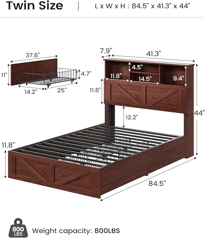 AOGLLATI Twin Bed Frame with 4 Storage Drawers and Charging Station, Farmhouse Wooden Led Twin Bed with Storage Hidden Space Headboard and Metal Slats,Mahogany
