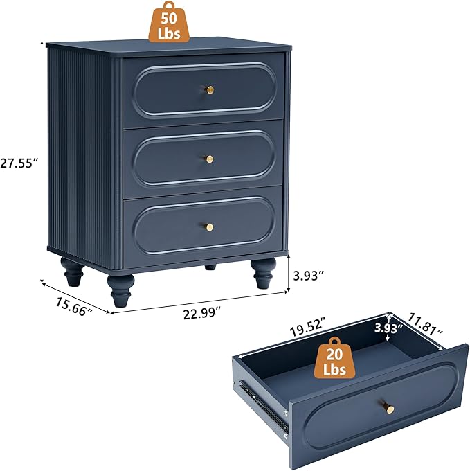 3 Drawer Fluted Dresser for Bedroom Set of 2, Mid Century Modern Chest of Drawers, Wood Storage Small Dresser Organizer for Bedroom Living Room Hallway Closet, Blue