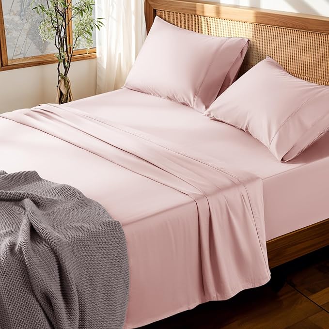 LBRO2M 100% Cotton Sheets Set Deep Pocket 19", 1000 Thread Count Full Size 4 Piece Bed Sheet Sets Soft Comfortable Bedding All Season (Full, Pink)